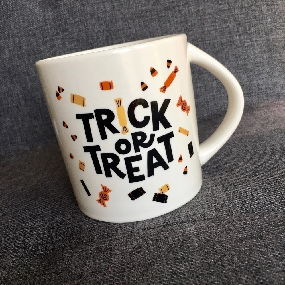 “TRICK OR TREAT” Coffee Mug, Ivory, Cream, Black, Fall Colors, 16 oz